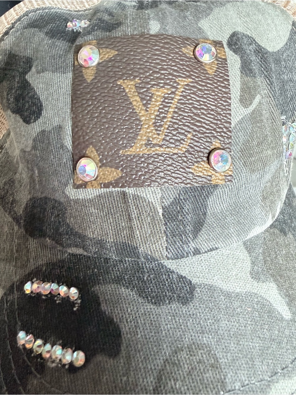 Upcycled Camo Louis Vuitton Trucker Hat Cap Distressed Rhinestone Cowgirl - Picture 4 of 7